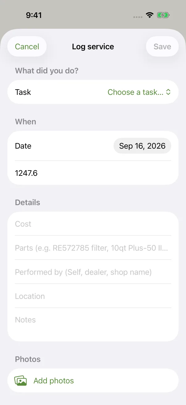 IronLog's Log service form with task, date, engine hours, cost, parts, notes and photos fields