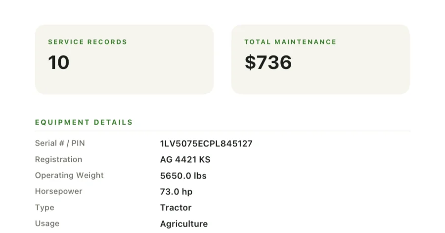 Part of an IronLog service history PDF showing 10 service records, total maintenance of $736, and the machine's serial number, weight, horsepower, type and usage