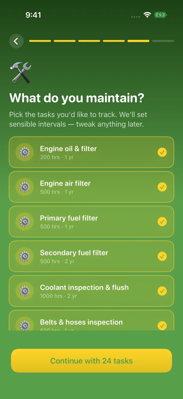 IronLog setup screen titled What do you maintain, with suggested tasks such as engine oil and filter every 200 hours or 1 year